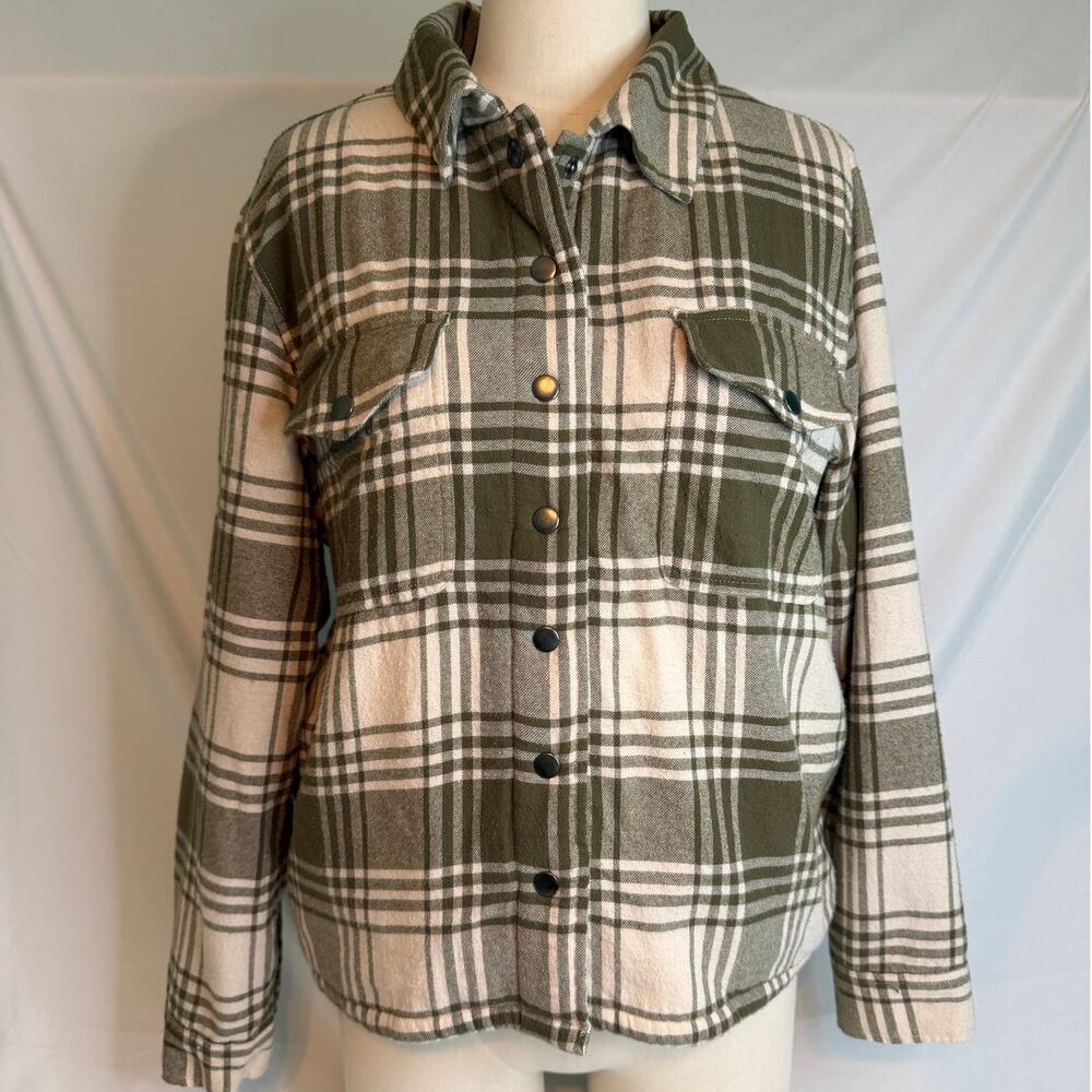 Lucky‎ Brand Olive Green/Cream Plaid Sherpa Lined Shacket Jacket Size Large
